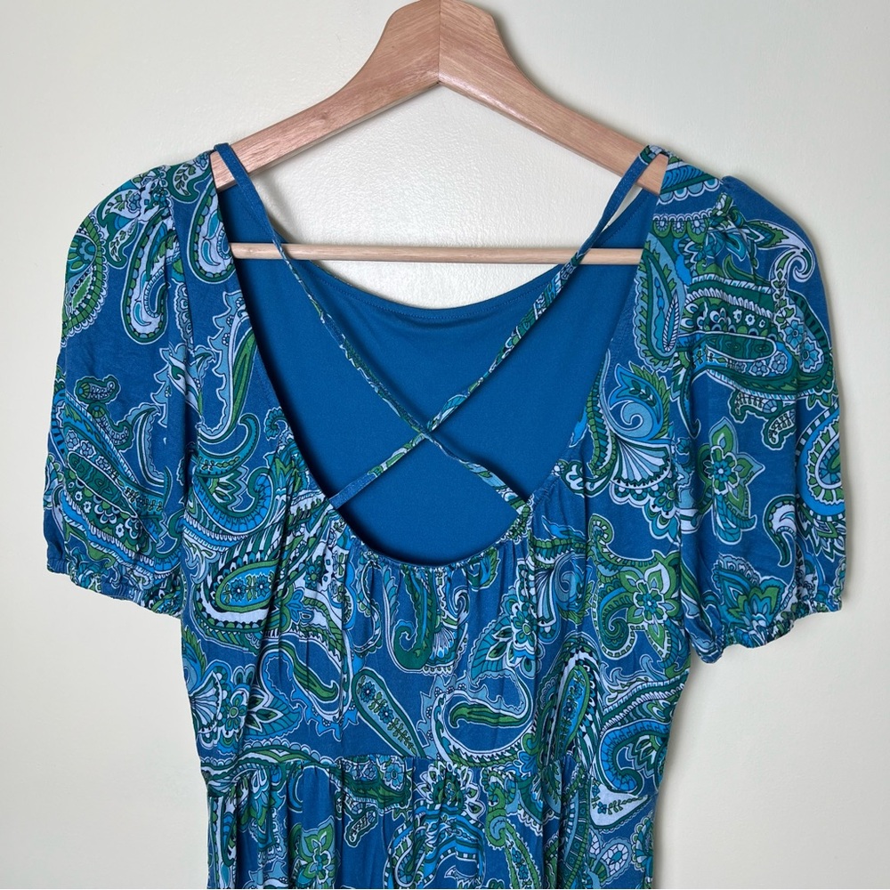 Boden Paisley Blue Green Jersey Maxi Dress Cut Out Back Tiered Pockets Size 6 - Picture 9 of 14